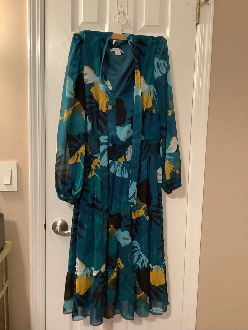 Liz Claiborne Teal Floral Long Sleeve Tie-Neck Dress